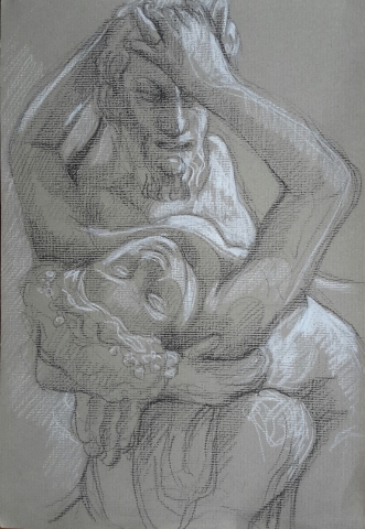 Satyre et Bacchante pierre noire et crayon blanc