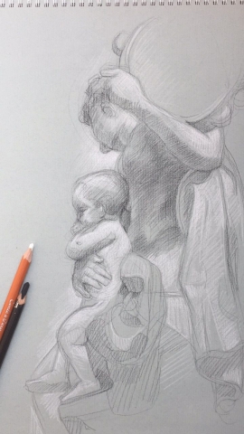 Bacchante au tambour de basque avec deux enfants 2 : pierre noire et crayon blanc