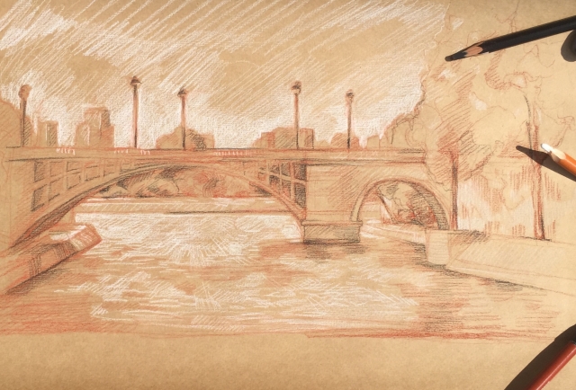 Paris la Seine : pierre noire sanguine crayon blanc