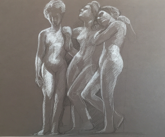 Les Trois Grâces pierre noire et crayon blanc