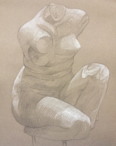 Aphrodite accroupie pierre noire et crayon blanc