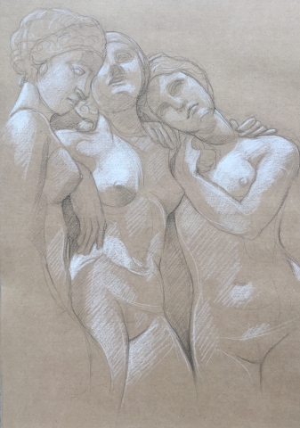 Les Trois Grâces pierre noire et crayon blanc